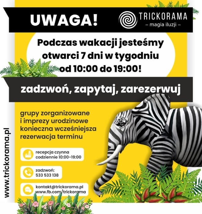 trickorama otwarta 7dni lipiec-sierpień 2025